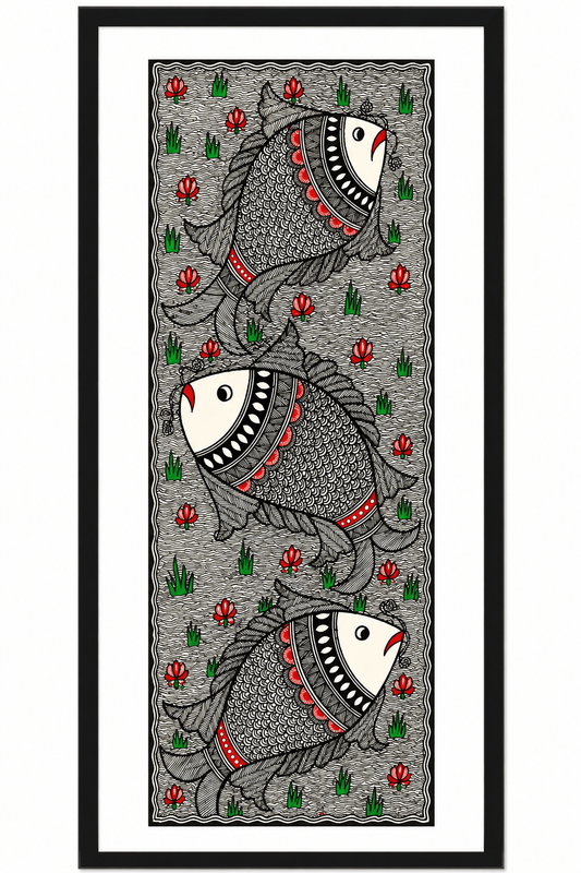 Handmade Godna Madhubani Triple Fish Painting | Traditional Mithila Folk Art on Handmade Paper