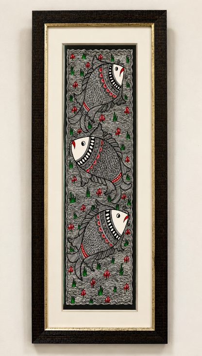 Handmade Godna Madhubani Triple Fish Painting | Traditional Mithila Folk Art on Handmade Paper