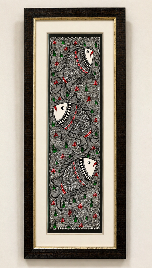Handmade Godna Madhubani Triple Fish Painting | Traditional Mithila Folk Art on Handmade Paper