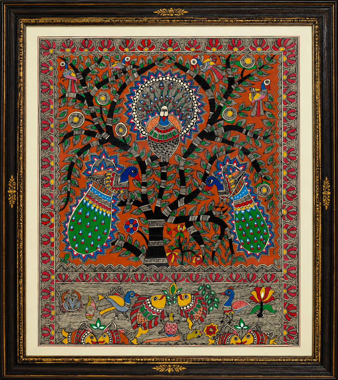 Royal Peacock Madhubani Painting with Tree of Life | Handmade Folk Wall Art