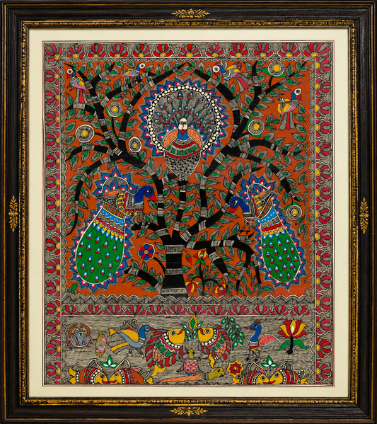 Royal Peacock Madhubani Painting with Tree of Life | Handmade Folk Wall Art