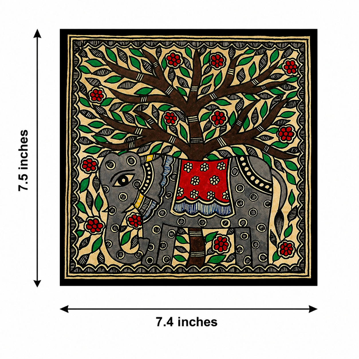 Handmade Madhubani Elephant Under Tree Painting | Traditional Mithila Art