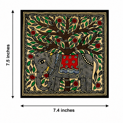 Handmade Madhubani Elephant Under Tree Painting | Traditional Mithila Art