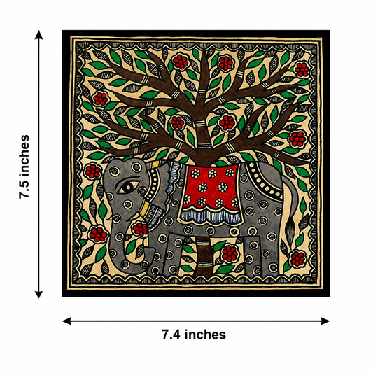 Handmade Madhubani Elephant Under Tree Painting | Traditional Mithila Art