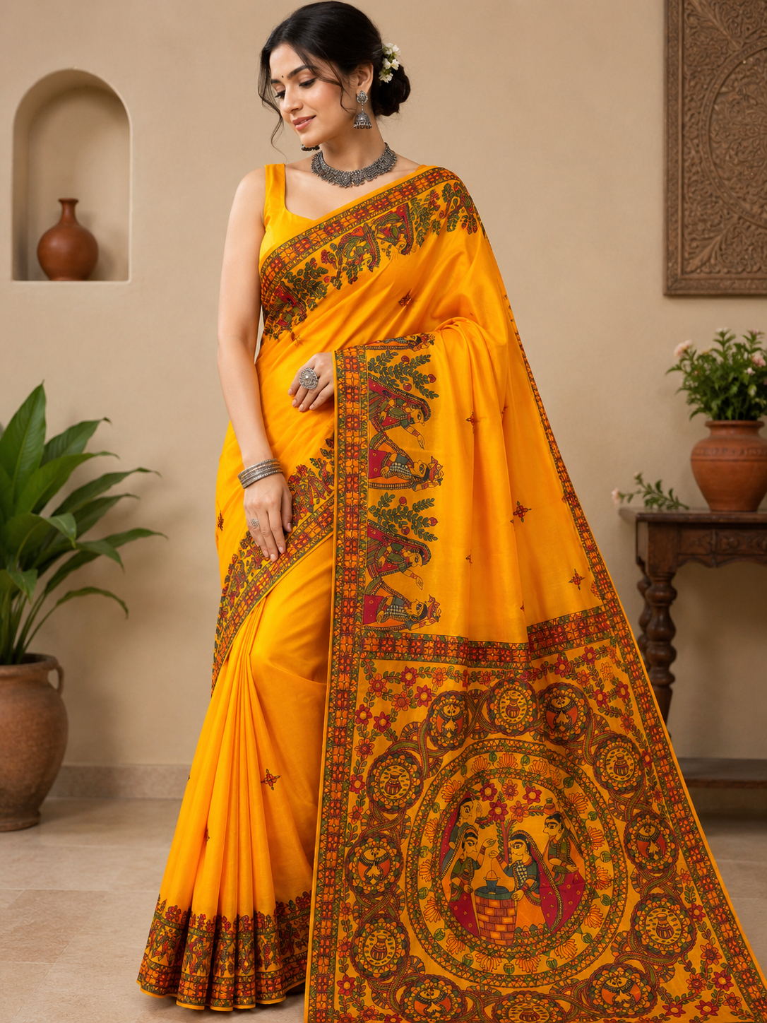 Handpainted Paper Silk Saree for Women | Handmade Artisan Painted Saree | Elegant Festive & Party Wear