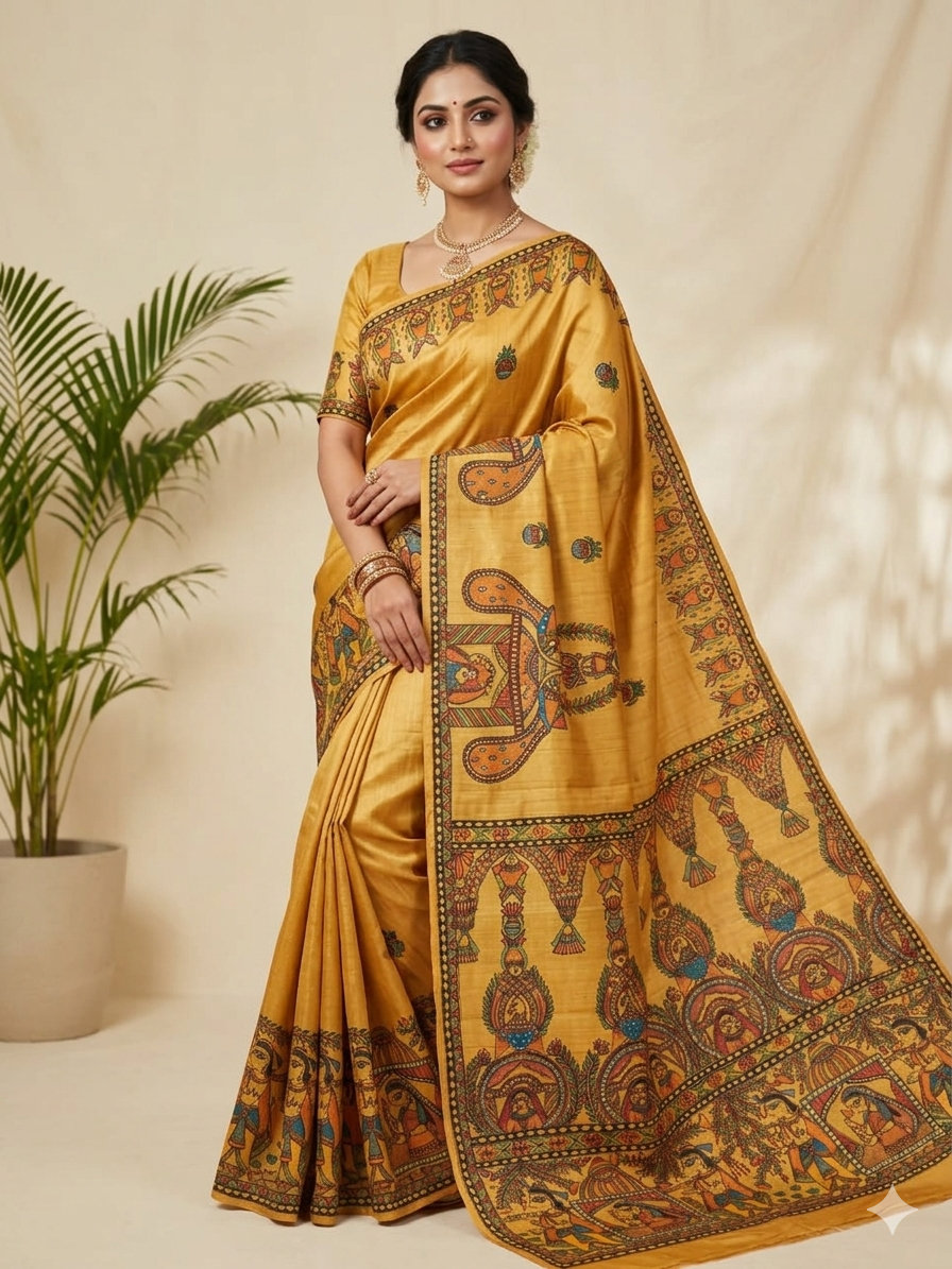 Handpainted Tussar Silk Saree for Women | Pure Artisan Hand-Painted Saree | Luxury Ethnic Wear